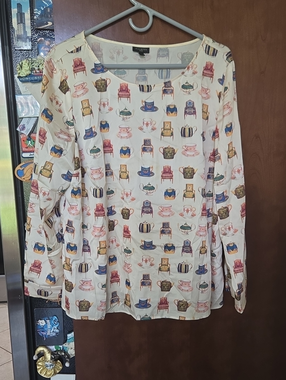 Talbot's Cream Blouse with Multicolor Teacup & Chair Print